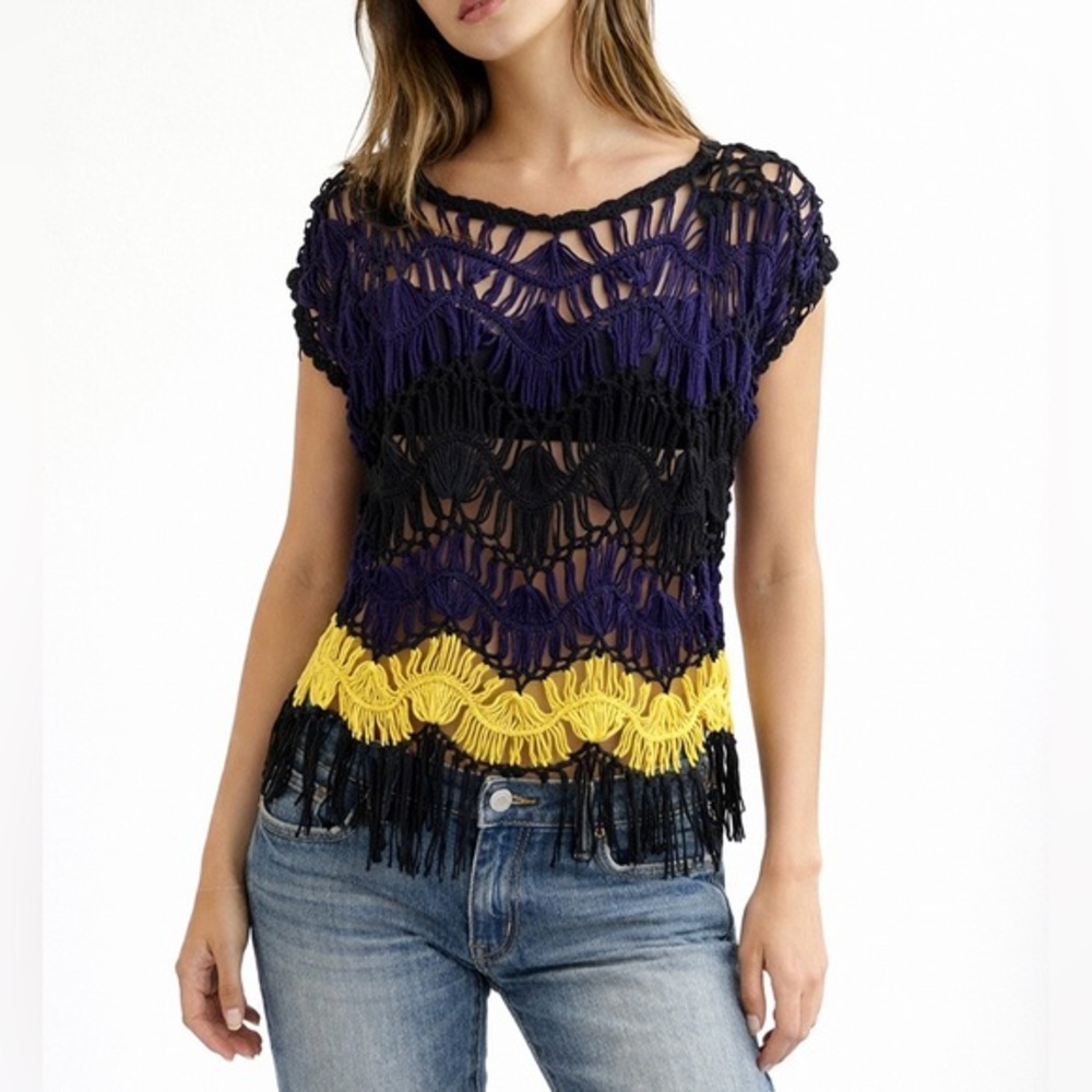 Sioni Anthropologie Fringe Crochet Top Boho Tassel Knit Black Purple Yellow S/M